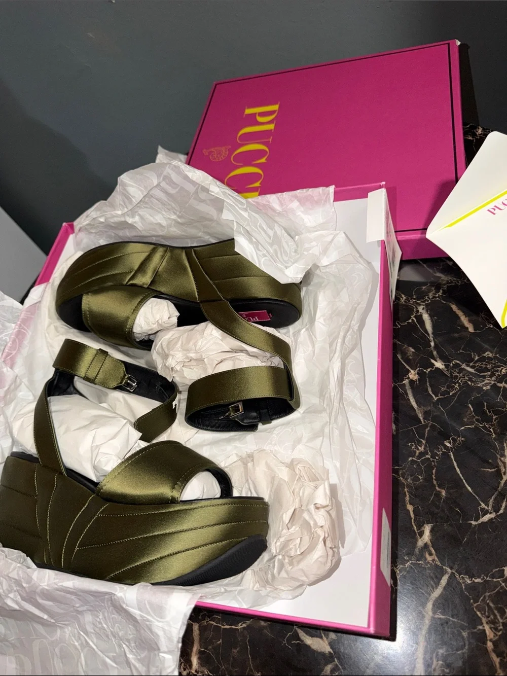 Emilio Pucci Olive Green Satin Platform Sandals